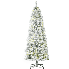 6 Ft Pre-Lit Snow-Flocked Slim Douglas Fir Artificial Christmas Tree With Realistic Branches, 250 LED Lights And 462 Tips (Color: Green)